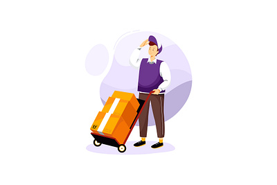 Delivery Courier Pushing a Trolley with Box app bicycle box carry courier delivery drone express illustration kit logistic mobile on boarding package service shipment superman transport ui vector