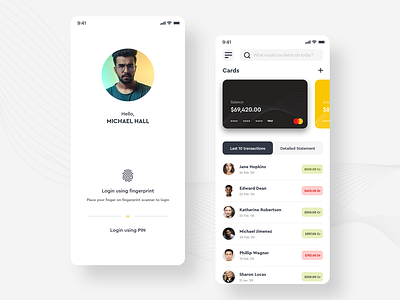 Online Transactions Tracking App adobe xd balance bank banking app cards clean ui colors design ecommerce fingerprint login mobile ui onboarding online scan search bar transaction ui ui ux ux