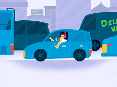 On the Way to Office 2d car character design flat illustration music office phones procreate road smoking traffic travel ui ux