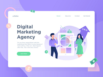 Digital Marketing Header Illustration business characters digital marketing digital marketing agency flat design flat illustration gradient header illustration landing page purple gradient seo ui web design webdesign website