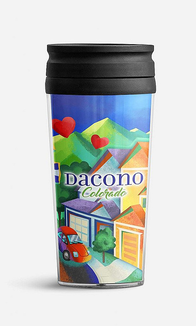 Travel mug illustration for Dacono, Colorado ad agency adobe photoshop branding chamber of commerce graphic house illustration mountains mug scenery small town travel travel mug