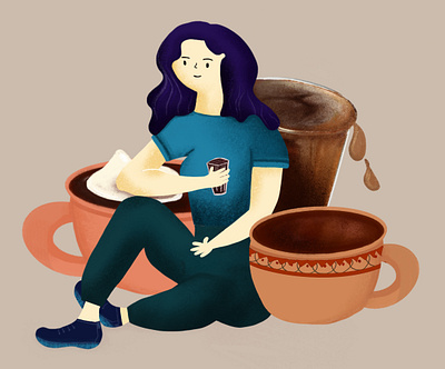 How many cups of coffee would you like? cafe ilustration caffein character character design coffee coffee beans coffee cup concept editorial illustration girl illustration malaysia procreate productivity