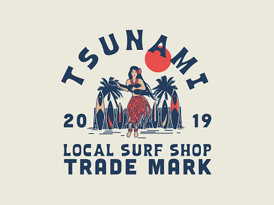 Tsunami Hula Dancer badge beach branding dance design hula illustration island local lockup logo procreate shop summer surf surfing tiki trademark tropical vector