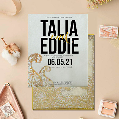 Gold Off-White Shimmery Paisley Themed - Screen Printed Wedding punjabi wedding card invitation