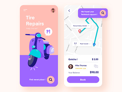 Tire Repairs UI app colorfull design homepage illustration inspiration mobile purple ui ux vespa