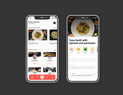 Recipe app add app button cards concept design follow history ingredients recipe recomended sketch tabbar ui ux