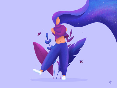 Dreaming girl blue brush characterdesign design drawing dream flat flat design flower handrawing illustration photoshop purple tablet