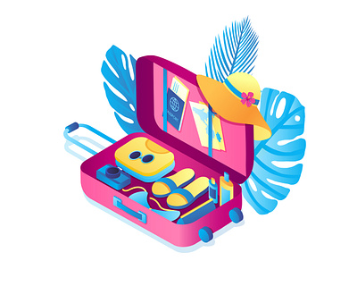 isometric suitcase for travel flight isometric modern pink suitcase tourism travel trip tropical vector