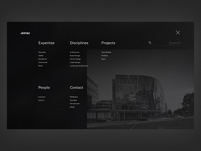 Open Menu - Auckland Based Architecture website architecture architecture design blur dark design figma grain hover interface menu minimalism photoshop search ui website