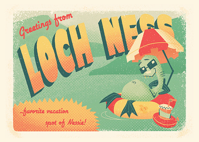 Loch Ness Postcard character characterdesign design grunge halftone illustration lochness monster postcard postcard design postcard project postcards poster travel travel postcard travel poster vacation vacation postcard vacation poster