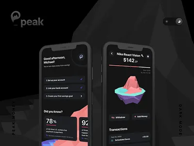 Peak Money - Dark Mode dark app dark mode dark theme dark ui finance finance app fintech fintech app ios ios app design iphone 11 mobile money night mode night shift nike peak peakmoney ui design