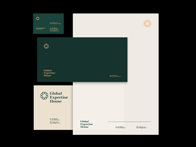 Global Expertise House Stationery arabesque branding business card design house law arbitration firm logo palm tree pattern typography