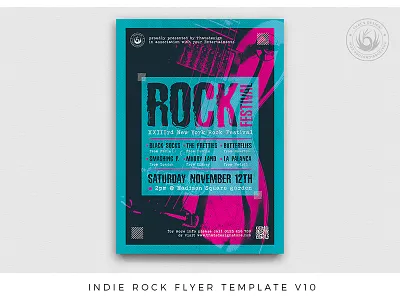 Indie Rock Flyer Template V10 album band blue concert cover design distressed festival flyer gig grunge guitar indie live music pink poster print rock template