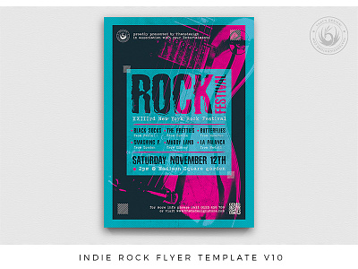 Indie Rock Flyer Template V10 album band blue concert cover design distressed festival flyer gig grunge guitar indie live music pink poster print rock template