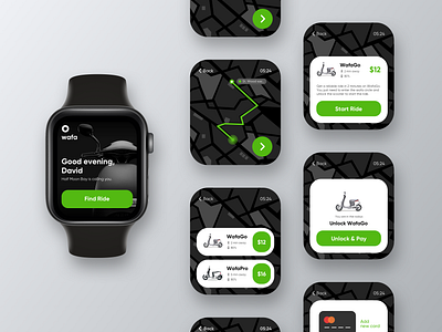 E-scooter rental - Watch App app design apple application bike dark dark mode dark ui design electric minimal rental ride scooter ui visual design watch watch app watch ui watchos