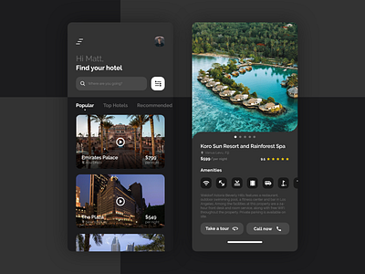 Book Hotel App app application booking booking app clean concept dark filter hotel management map minimal mobile night resort travel trip uiux