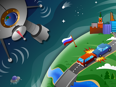 Space satellite looks for car crashes affinity designer color design digital drawing flat graphic illustration vector web