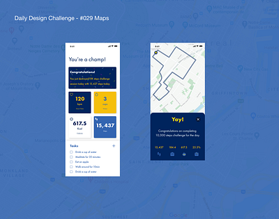 Daily Design Challenge - #029 Maps blue blue and white blue and yellow design bmi daily health challenge dailyui dailyuichallenge designui health app health care heartbeat map maps minimalistic tasks trending ui weight loss yellow