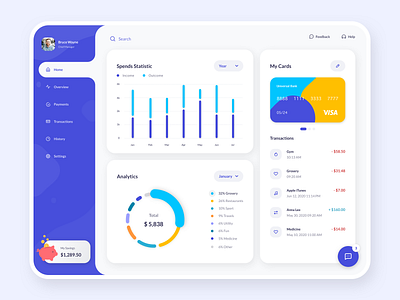 My Wallet Application account app bank barchart cards dashboard design finance light minimal pie chart rounded spends ui ux violet wallet