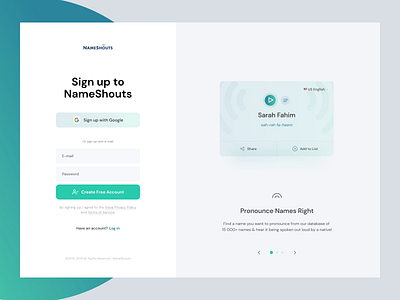 NameShouts - Sign-up animation app design interface layout sign up signup ui ux web website www