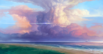 Cloudy. Sunset. Glider 2d aleksey litvishkov art beach clouds cloudy digital art glider illustration landscape sea sunset waves yacht