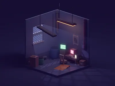 The Average Work Place b3d blender computer cute dark glowy illustration isometric low poly office warehouse