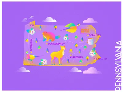A state a day. #44 - Pennsylvania animals art bright color color combinations color study design flat gradient groundhog day illustration infographic map office pennsylvania poster scranton texture usa vector violet