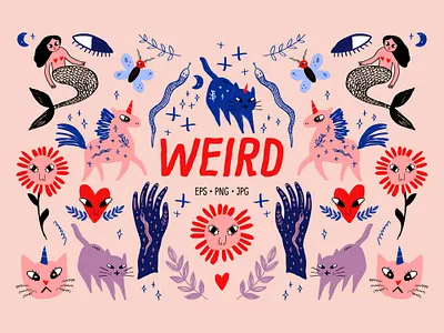 Cartoon Fantasy Characters Set animals cartoon doodle doodles fairy tale illustration mermaid modern neutral vector