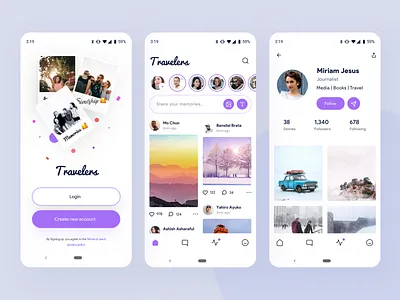 Travelers | social media app exploration account android branding chat design follow illustration ios login mobile nice100 profile purple she social socialmedia sudhan typography vector web