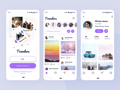 Travelers | social media app exploration account android branding chat design follow illustration ios login mobile nice100 profile purple she social socialmedia sudhan typography vector web