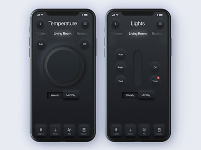 Skeuomorph Smart Home App animation app dark app dark mode dark ui design effects hmi home icon interface lights neumorphism purple skeumorphism smarthome smartphone temperature ui ux