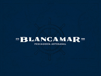 Blancamar - Fish Market Naming and Logo blue fish fish market fish shop logo map mar marino naming nautic pescaderia premium rudder sailor sea