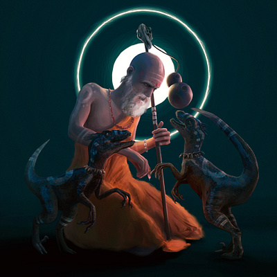“The Baptism of Omni & Pryia” 3d animation art blender3d design digital dinosaur draw drawing illustration monk painting