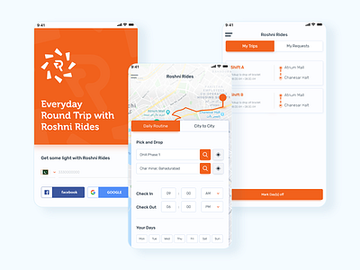 Roshni Rides' Customer App brand branding car pooling car pooling app design flat minimal mobiile app mobile mockup rider app taxi taxi app ui user experience user interface ux vector