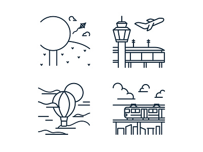 Some Sceneries 2 airplane airport building cityscape cloud design editorial art environment hot air ballon illustration landscape line lineart linework monoline park sky train vector