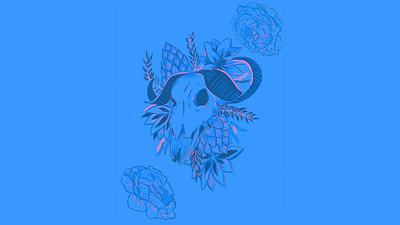Blue and Pink Skull animal blue and pink botanical floral floral art illustration portland procreate rose rough sketch skull