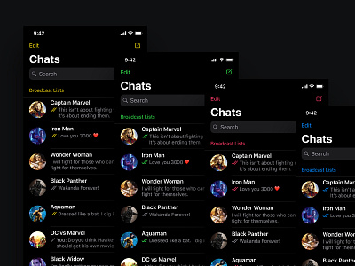 Dark Mode for WhatsApp on iOS - Color Variations android app chatting color colors colour dark dark mode dark theme design iconography ios mobile nav system ui whatsapp