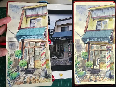 Virtual plein air aquarell barbershop drawing google street view hand drawn japan storefront plein air sketchbook sketching storefront urban sketching watercolor
