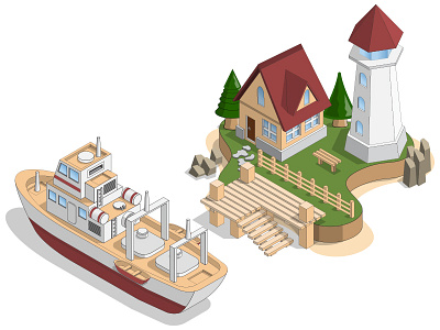 Seascape. beach boat building coast harbor home house island landscape lighthouse map pier plan rocks seascape seiner ship trawler trees vessel