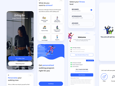 Walking now - Onboarding Screens app app ui fitness app flat gym app health ios app minimal mobile onboarding screens sport ui ui design uiux user interface ux ux design workout