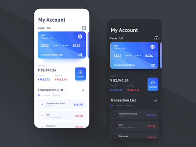 Bank Light & Dark account balance bank design expend income mobile transaction ui