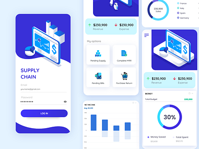 Supply Chain App design app design. logindashboard report ui.