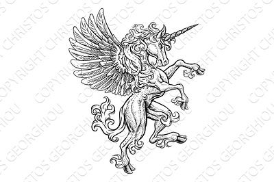 Pegasus Unicorn Rearing Rampant Crest Wings Horse animals arm arms coat crest family horn horse icon myth pegasus rampant rearing standing unicorn unicorns vector wing wings woodcut