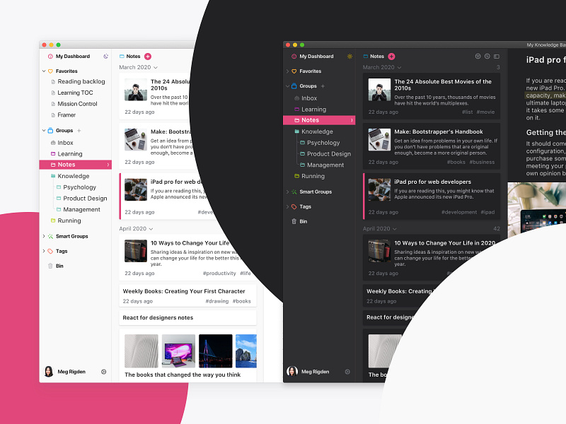 Personal Knowledge Management App UI Concept app app design card concept dark knowledge light mac ui macos minimal notes product product design sidebar sidebar design ui ui design ux uxui design