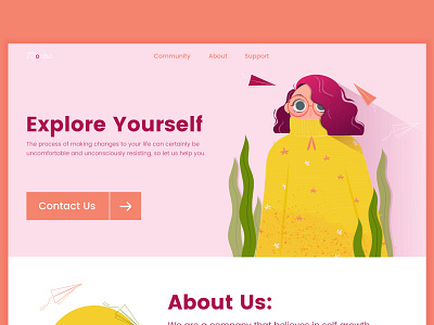 Explore yourself 🌼 calm character design colours creative design girl illustration lading page leaves mobile design nature new paper planes people self motivation ui design web design