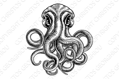 Octopus or Cthulhu Squid Monster Vintage Woodcut creature cthulhu cthulu engraving giant horror illustration kraken monster octopus octupus sailor sea squid tatoo tattoo tentacle vector vintage woodcut