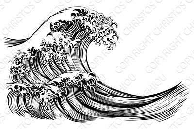 An oriental Japanese great wave in a vintage retro engraved etch artwork asian back ground background draw drawing engrave great great wave illustration japan japanese kanagawa off painting sea vector vintage wave waves