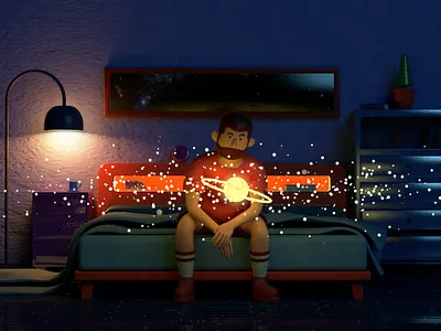 stars 3d beard bed c4d dark galaxy halo illustrator light lonely magic moon night planet roommate sad shinning sun universe