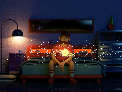 stars 3d beard bed c4d dark galaxy halo illustrator light lonely magic moon night planet roommate sad shinning sun universe