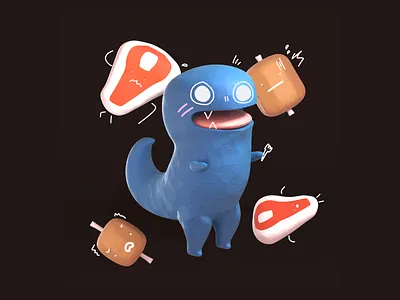Hungry Sam 3d blender blender3d blue character characterdesign dino dinosaur doodle food illustration meat procreate red render steak t bone t rex tyrannosaurus rex